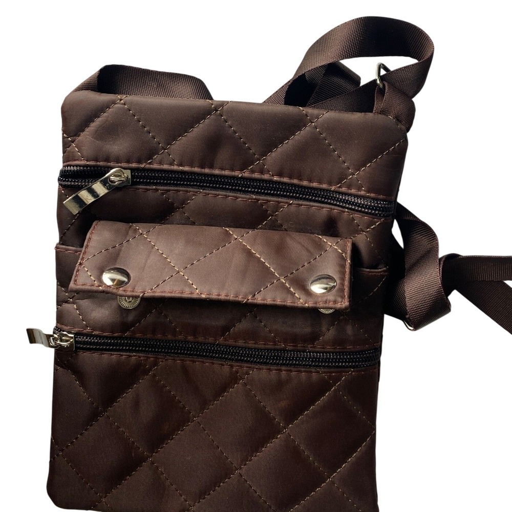 Quilted Crossbody Bag Brown Nylon Multiple Zippers Adjustable Strap